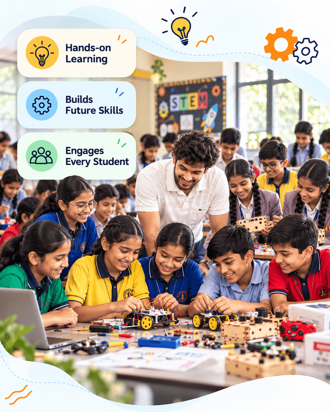Students and a teacher building robotics projects together in a hands-on school class