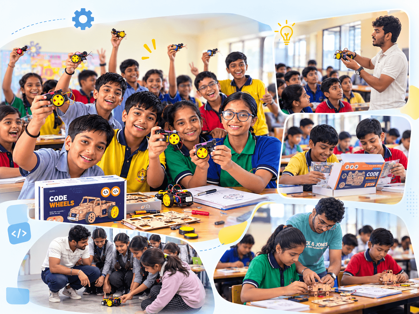 A teacher and young learners building a robotics project together